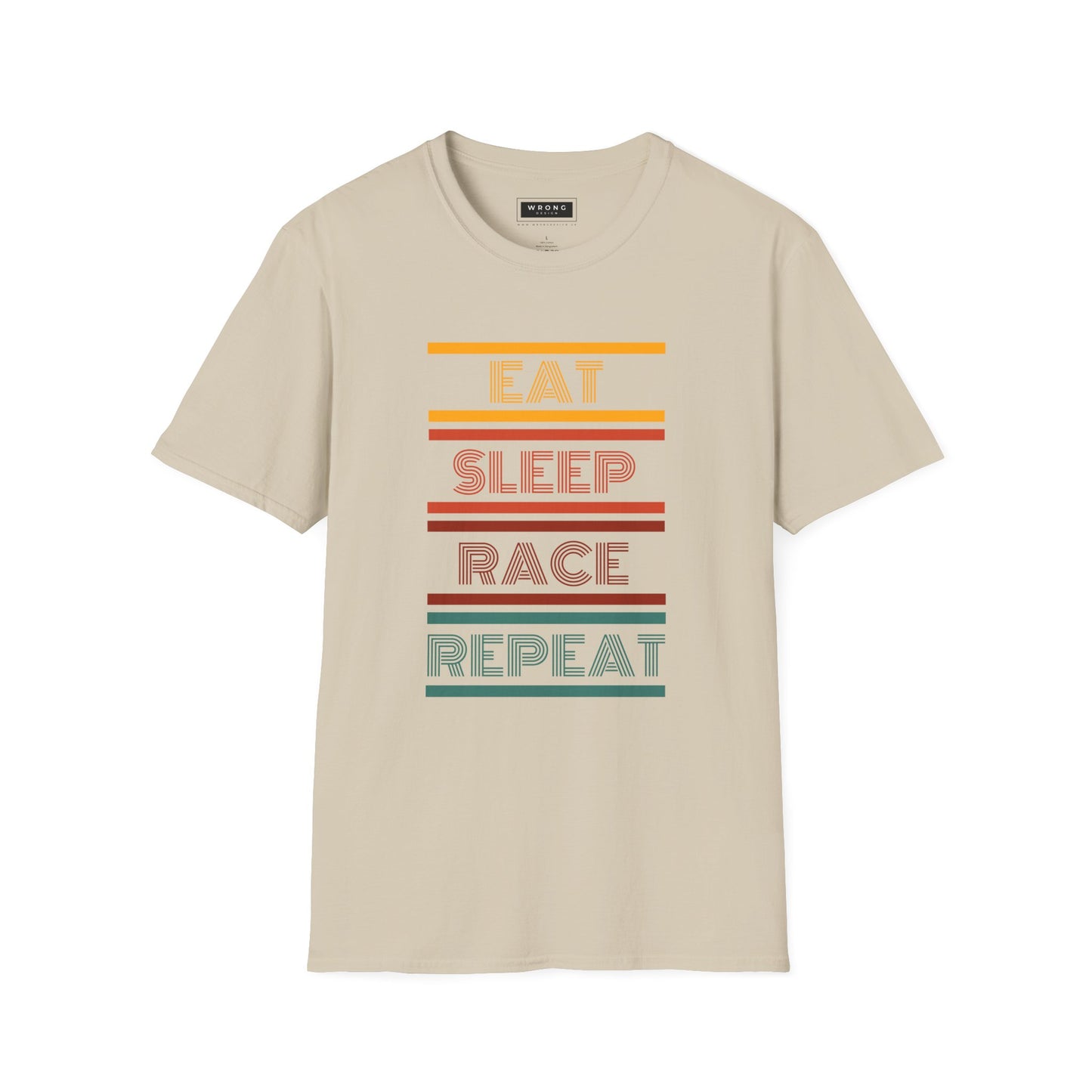 A beige short-sleeve t-shirt with a retro graphic on the chest reading 'EAT SLEEP RACE REPEAT' in stacked letters between horizontal multicolor stripes.