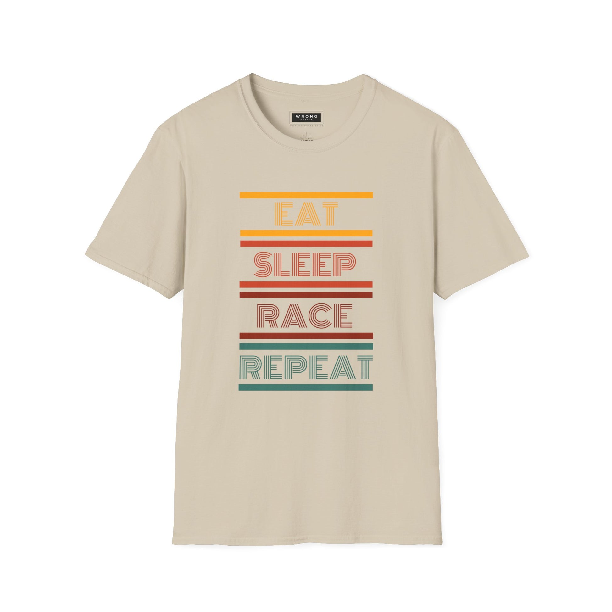 A beige short-sleeve t-shirt with a retro graphic on the chest reading 'EAT SLEEP RACE REPEAT' in stacked letters between horizontal multicolor stripes.