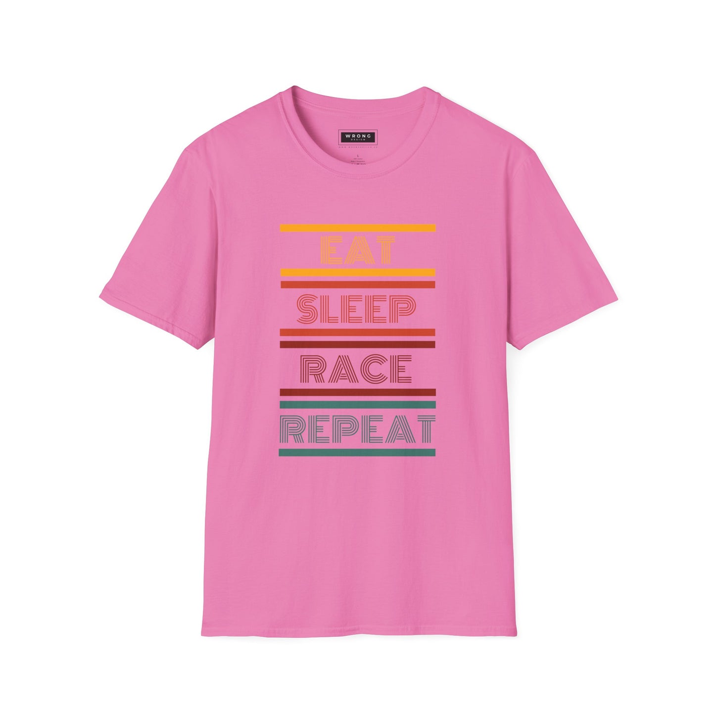A pink short-sleeve crewneck t-shirt featuring a retro-style graphic with the words EAT, SLEEP, RACE, REPEAT stacked vertically in muted orange, yellow, red, and green stripes.