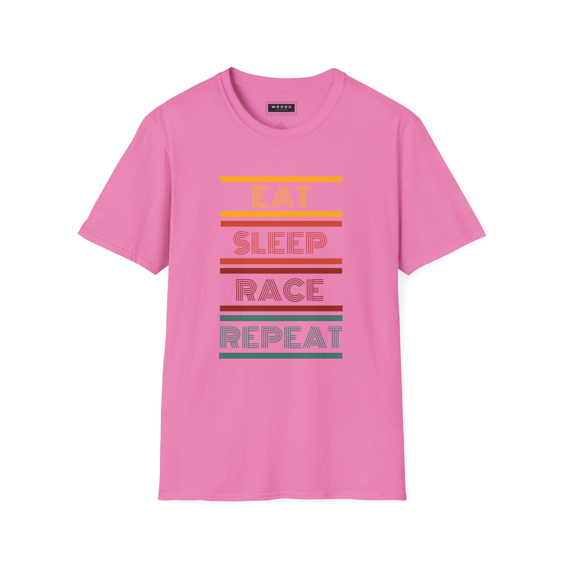 A pink short-sleeve crewneck t-shirt featuring a retro-style graphic with the words EAT, SLEEP, RACE, REPEAT stacked vertically in muted orange, yellow, red, and green stripes.