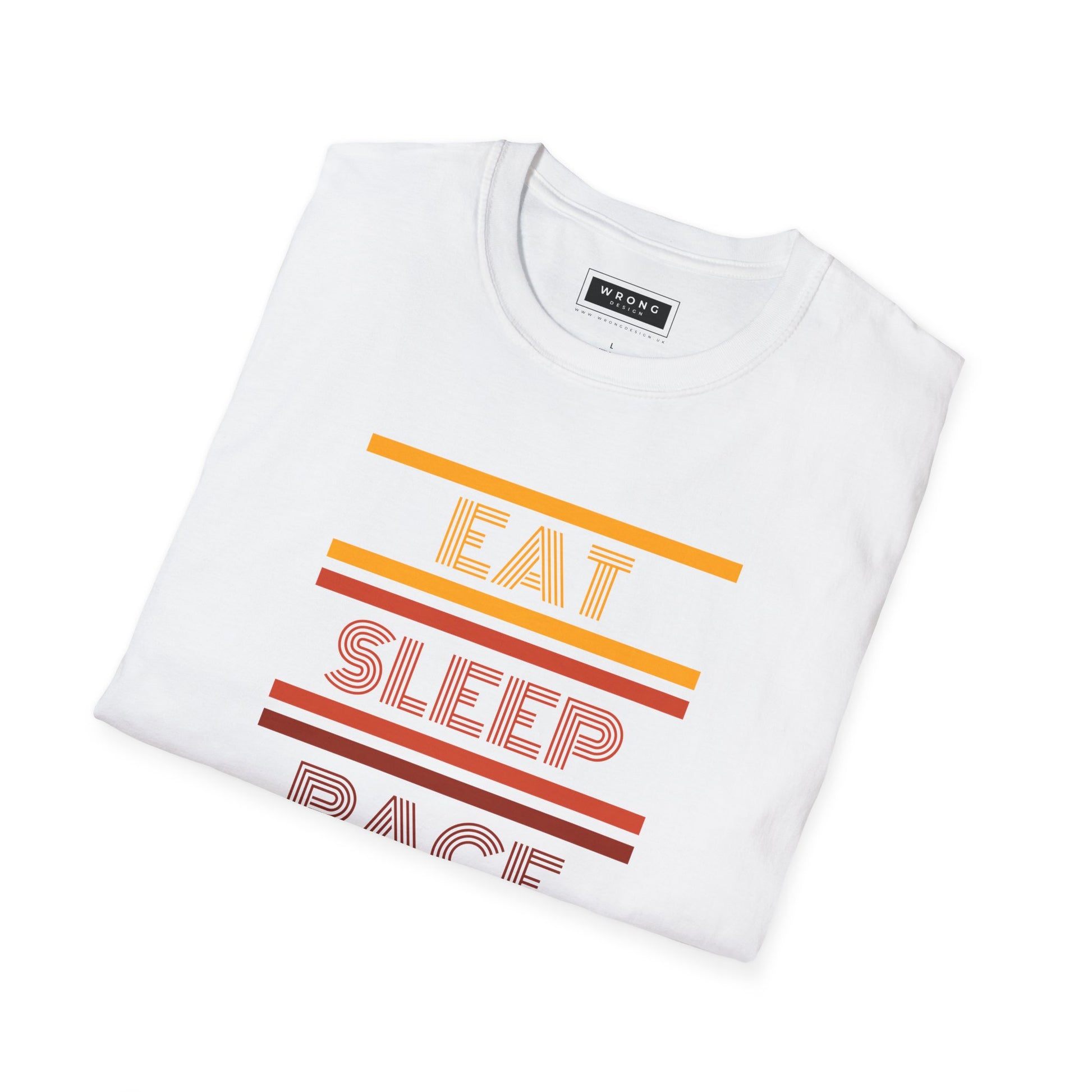 A folded white crewneck t-shirt with a retro graphic print reading 'EAT SLEEP RACE' in orange and red striped lines, displayed on a clean white background.