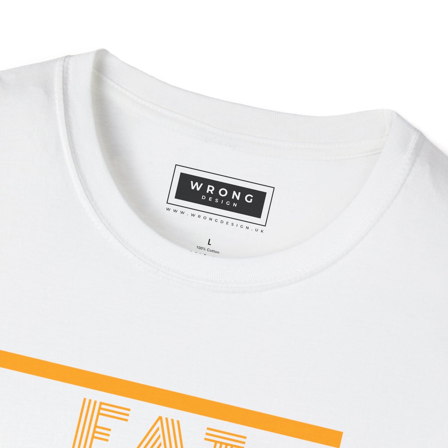 Close-up of a white crewneck t-shirt by Wrong Design, showing the inner neck label and the top of a yellow graphic print on the front.