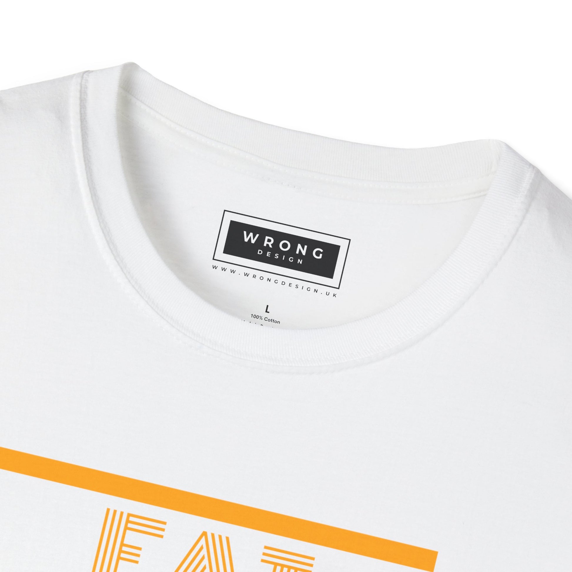Close-up of a white crewneck t-shirt by Wrong Design, showing the inner neck label and the top of a yellow graphic print on the front.