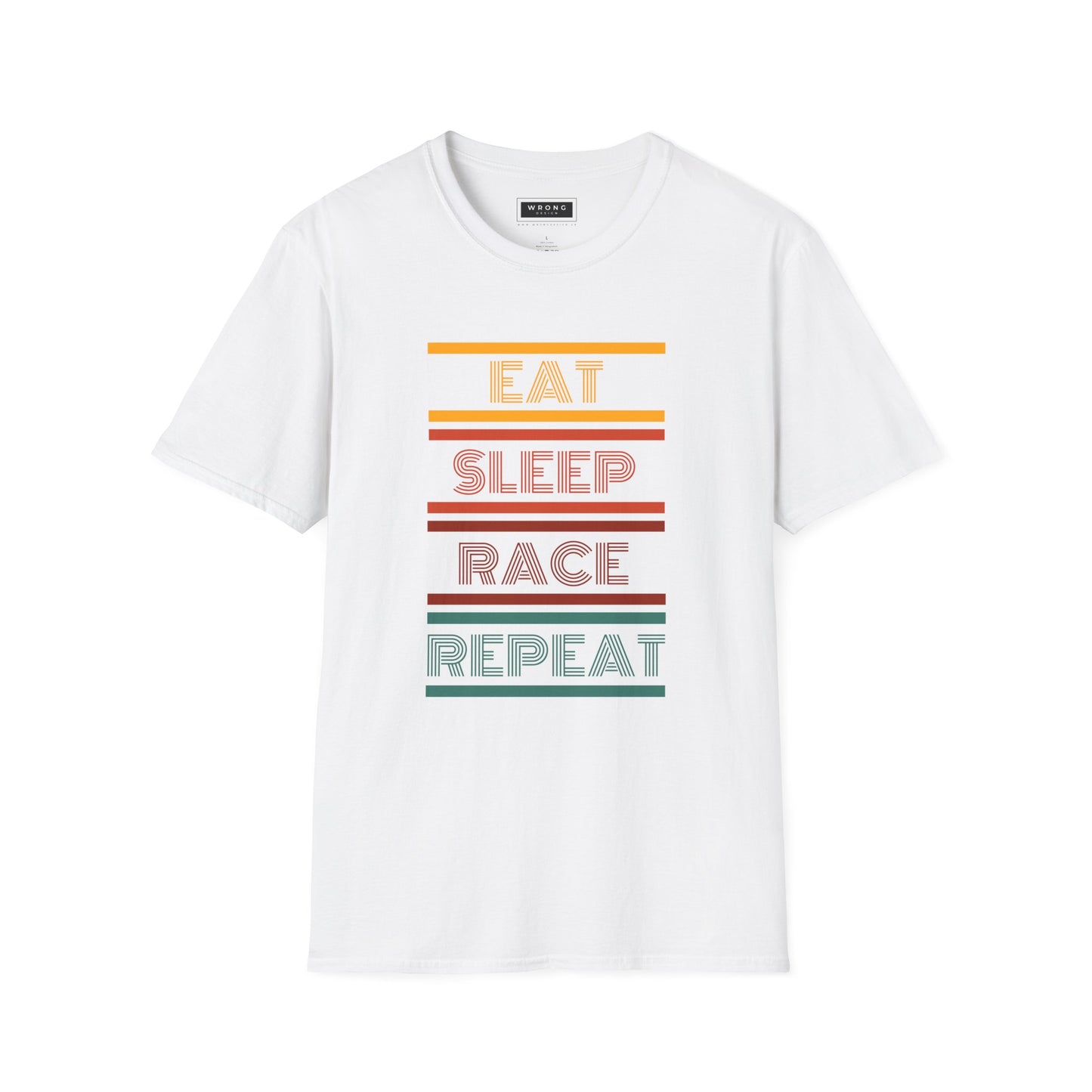 A white short-sleeve crewneck t-shirt with a retro graphic on the chest featuring the words 'EAT SLEEP RACE REPEAT' in pastel orange, red, pink, and teal text between horizontal stripes.