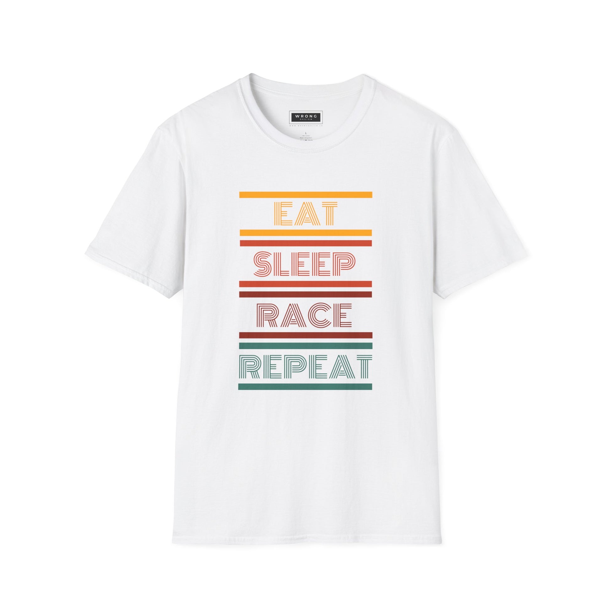 A white short-sleeve crewneck t-shirt with a retro graphic on the chest featuring the words 'EAT SLEEP RACE REPEAT' in pastel orange, red, pink, and teal text between horizontal stripes.